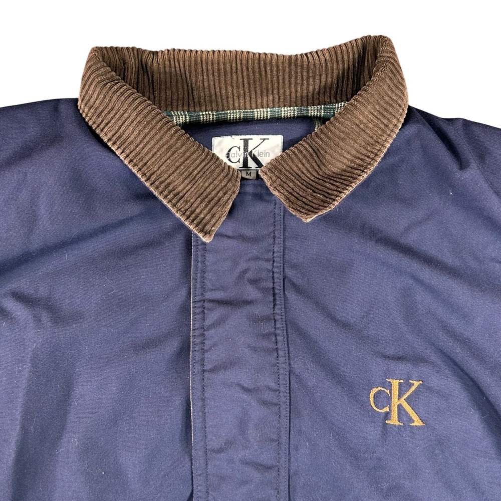 Calvin Klein Mens Jacket Barn Chore Coat Corduroy Collar Plaid Lined Navy Blue